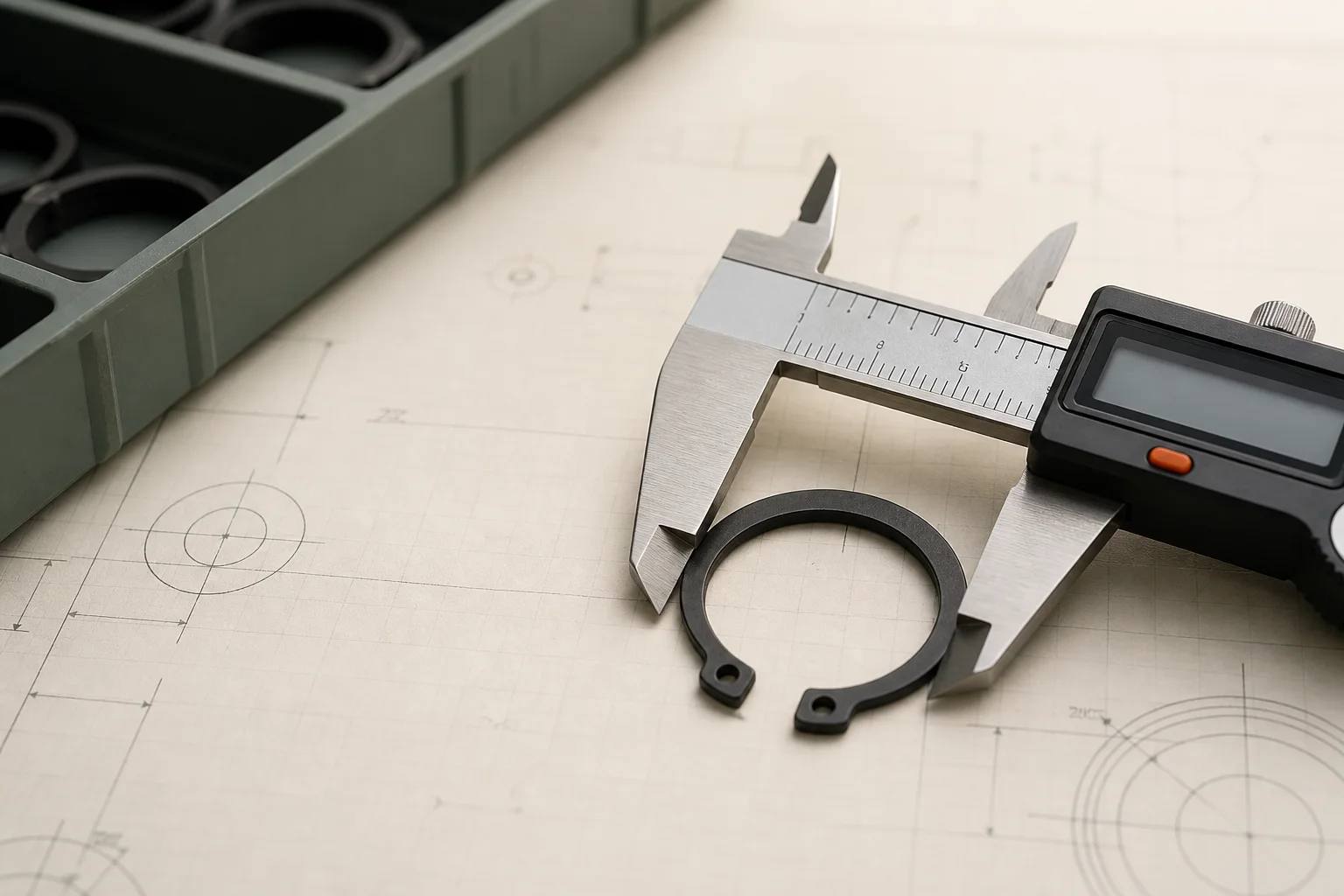 A circlip being measured with digital callipers on a technical drawing.