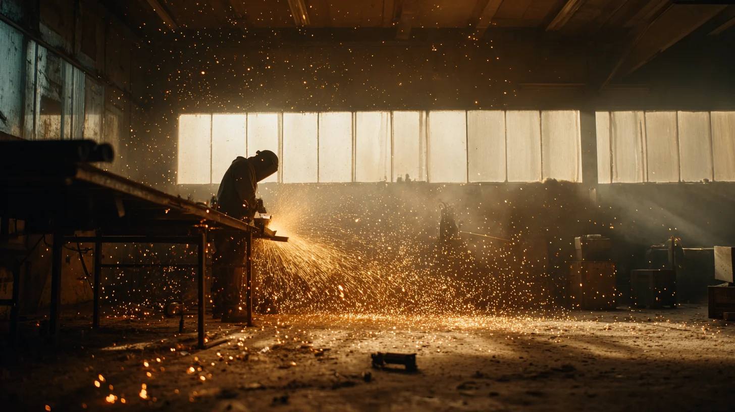 Illustrative scene of sparks thrown across a workshop floor during grinding.