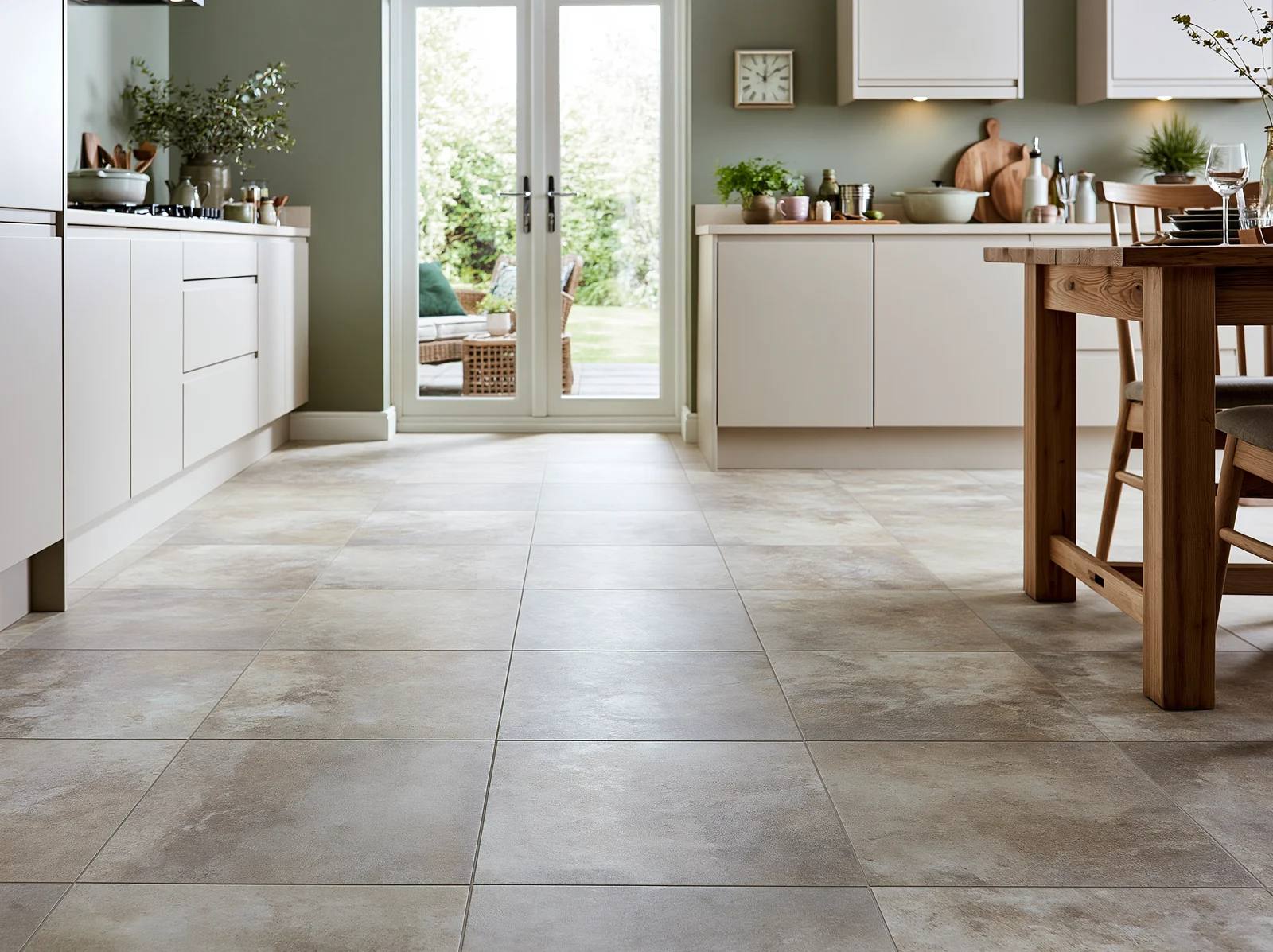 A kitchen diner with stone-effect luxury vinyl tile flooring.