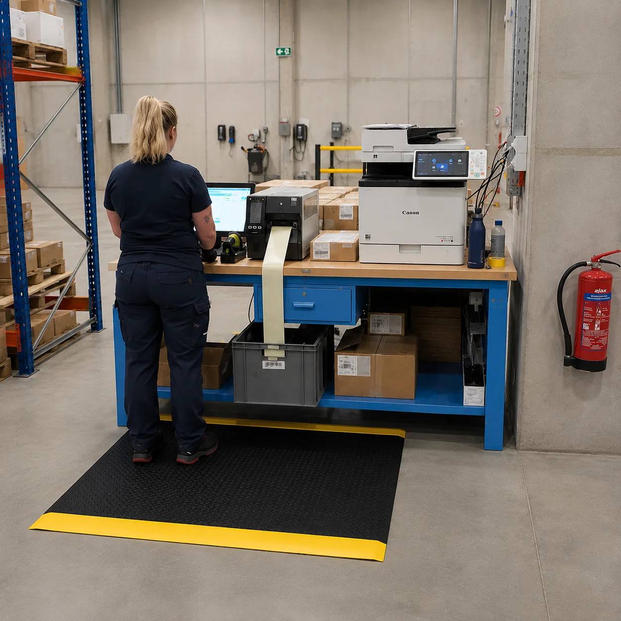 A packing station with black and yellow anti-fatigue matting on a concrete floor.