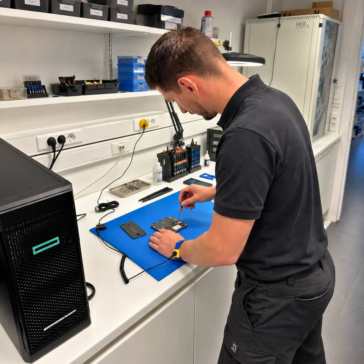 Blue M3 ESD matting on an electronics workbench.
