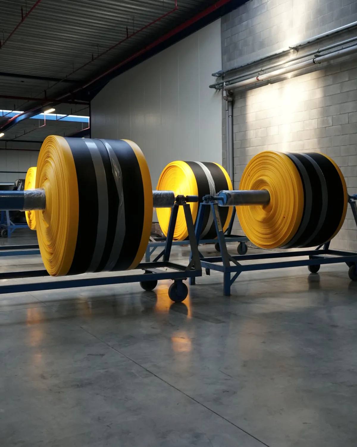 Rolls of black and yellow anti-fatigue matting on stands.